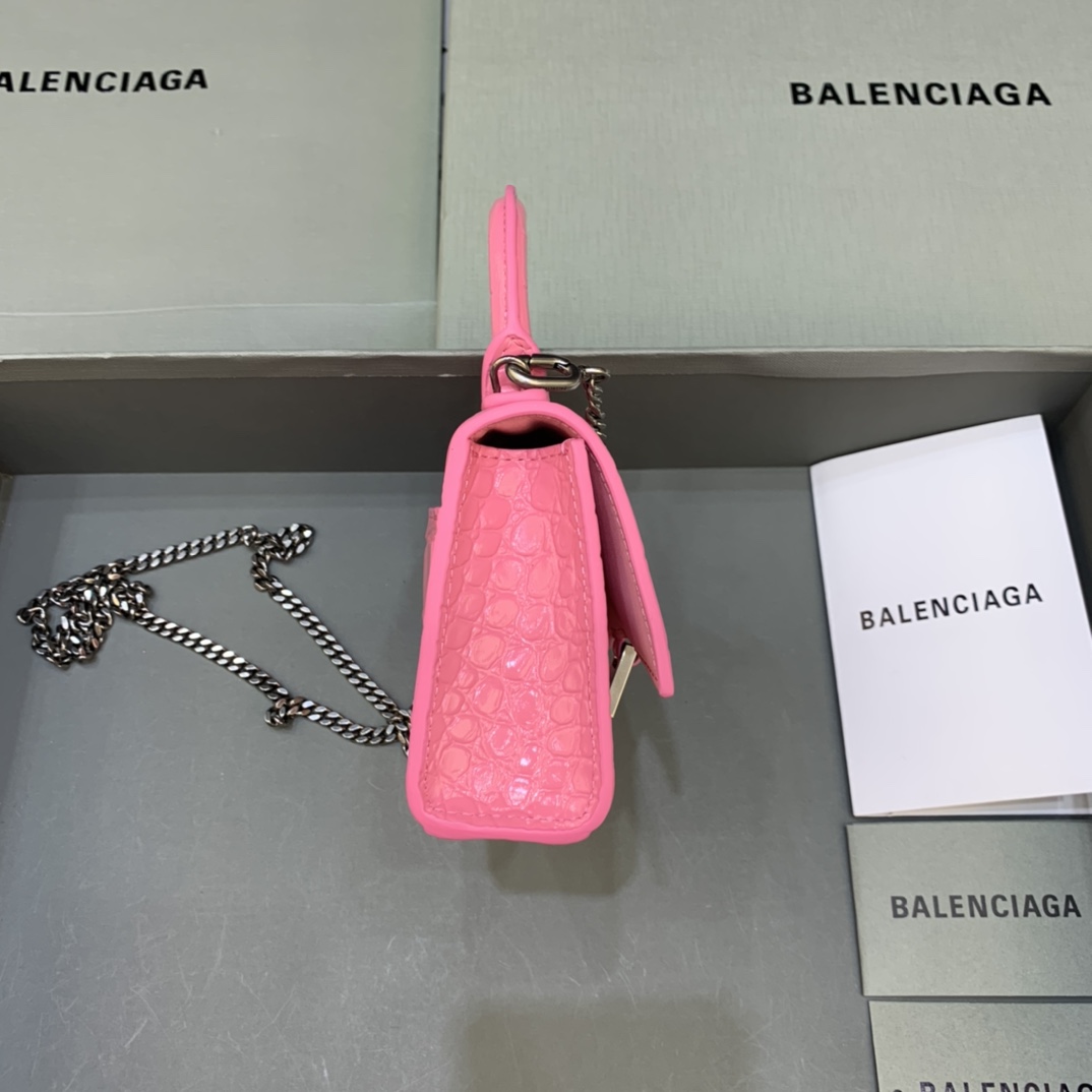 Balenciaga Hourglass Mini Handbag With Chain Crocodile Embossed Shoulder Bag Pink